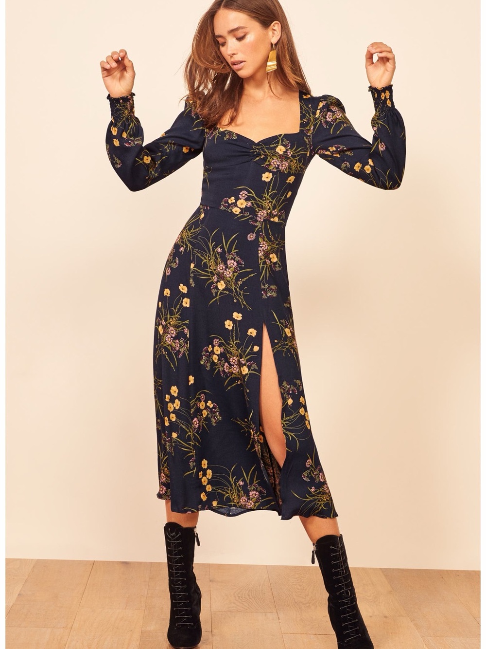 REFORMATION Boho Wallflower Midi Dress Navy Long Sleeve Slit Sweetheart Size 0 - Picture 6 of 16